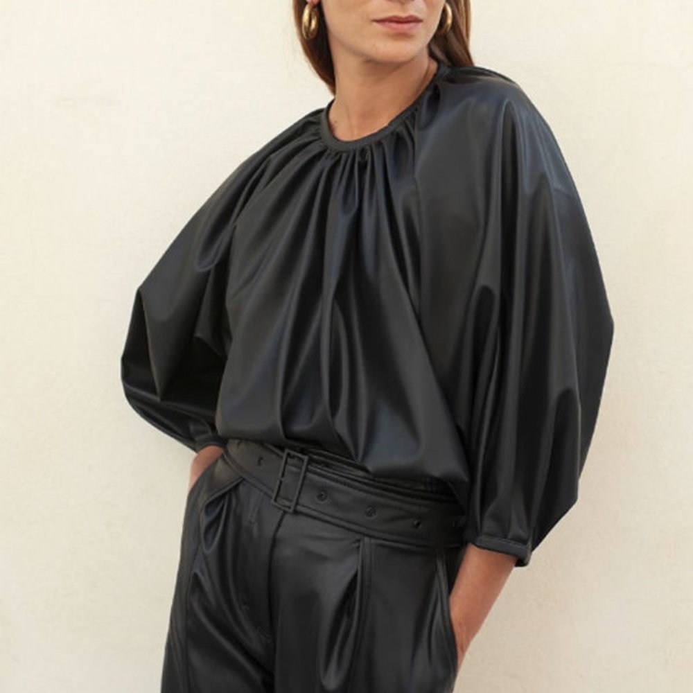 The Frankie Shop Gathered Neck Faux Leather Top